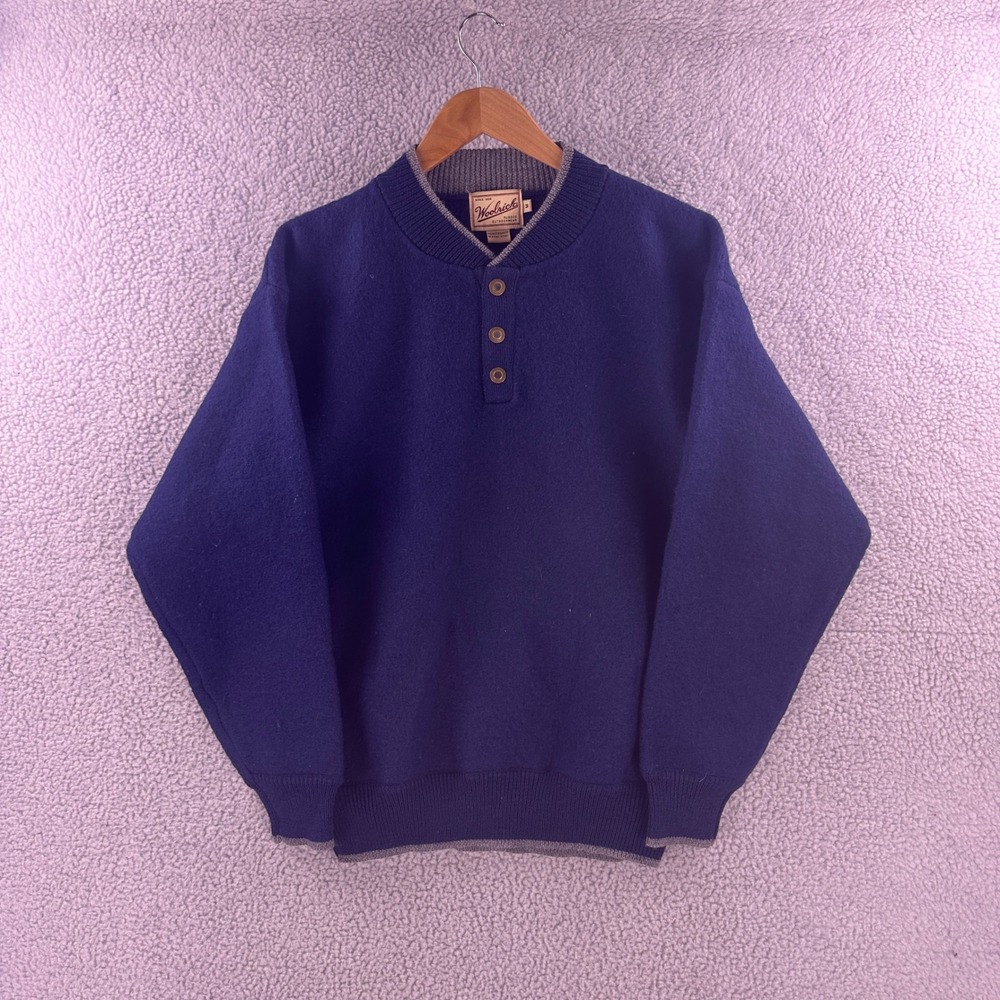 Vintage Woolrich Mens Medium Navy Blue 100% Pure Wool Henley Sweater Pullover